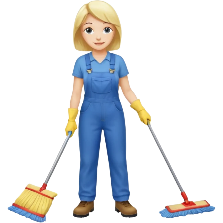 middle-aged women, Custodian with yellow rubber gloves, white T-shirt, blue overalls, mopping floor emoji