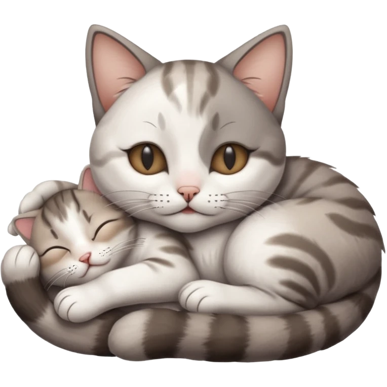 grey and white small cat with eyes closed lying down upside down with its head resting on its curled paw emoji