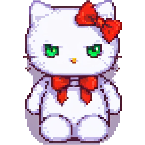 angry hello kitty, pixel art style, red bow, glaring eyes, clenched fists emoji