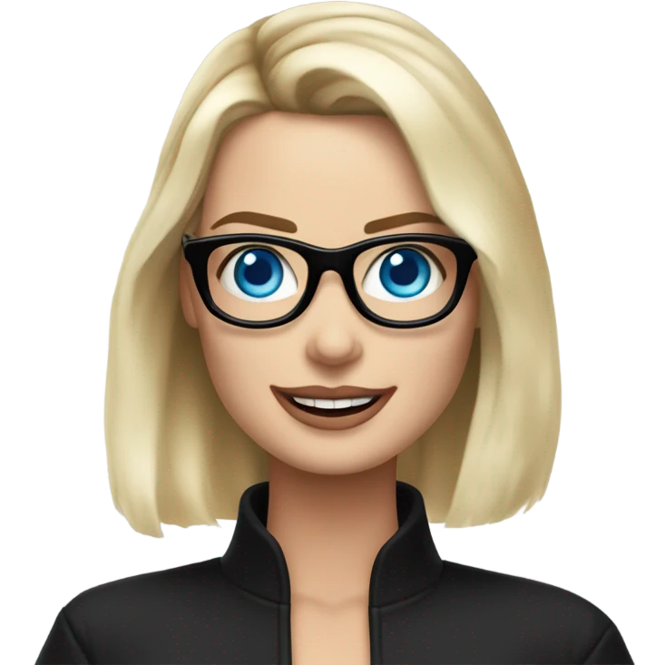 Real margot robbie,  bright blue eyes, wearing black glasses and waving hand emoji