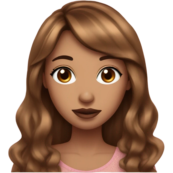 Women with blue eyes, long hair with bangs brown with highlights, pretty brows and eyelashes, Pink lips and cheeks with freckless and bronzi skin emoji
