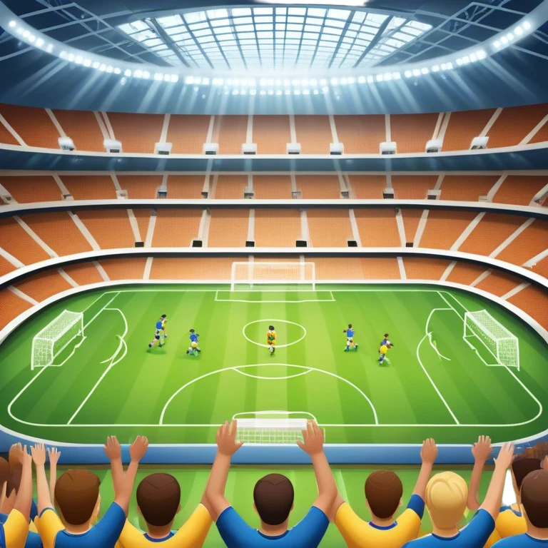 An icon showing a large, beautiful indoor stadium with soccer players on the field, actively playing. Fans cheer from the stands, creating a vibrant and energetic atmosphere. Bright lights shine down on the action, symbolizing the excitement of live sporting events. Transparent background. emoji