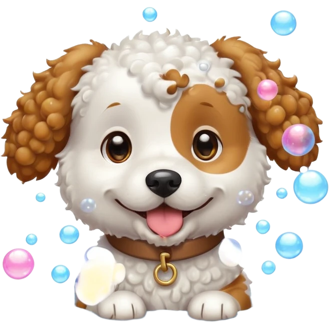 white curly dog with soap bubbles emoji