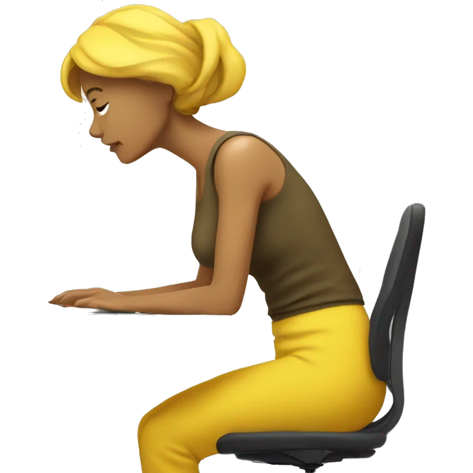 yellow woman hunched over desk with computer bad posture emoji