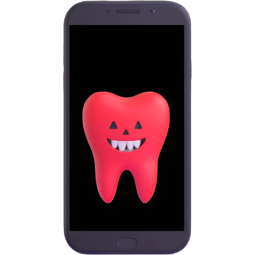 smartphone with a tooth-shaped logo on screen emoji