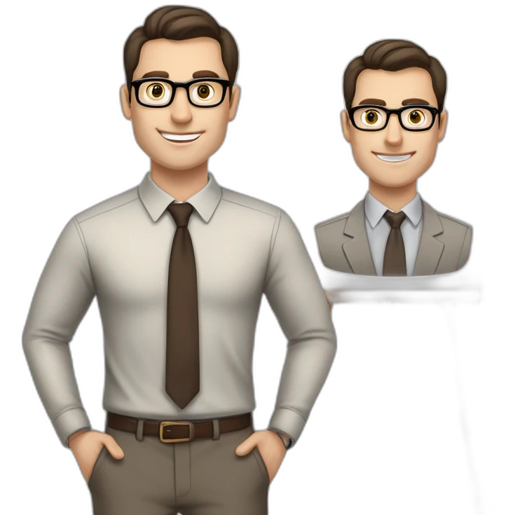 Pale skinned fit man with dark brown hair in gray jacket, beige office shirt, brown tie, brown pants and vintage glasses Writing text on the flipchart emoji