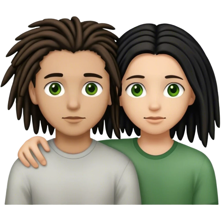 couple holding eachother. the boy is light skinned, short brown dreads, and green eyes. the girl is light skinned, long straight black hair, and brown eyes. emoji
