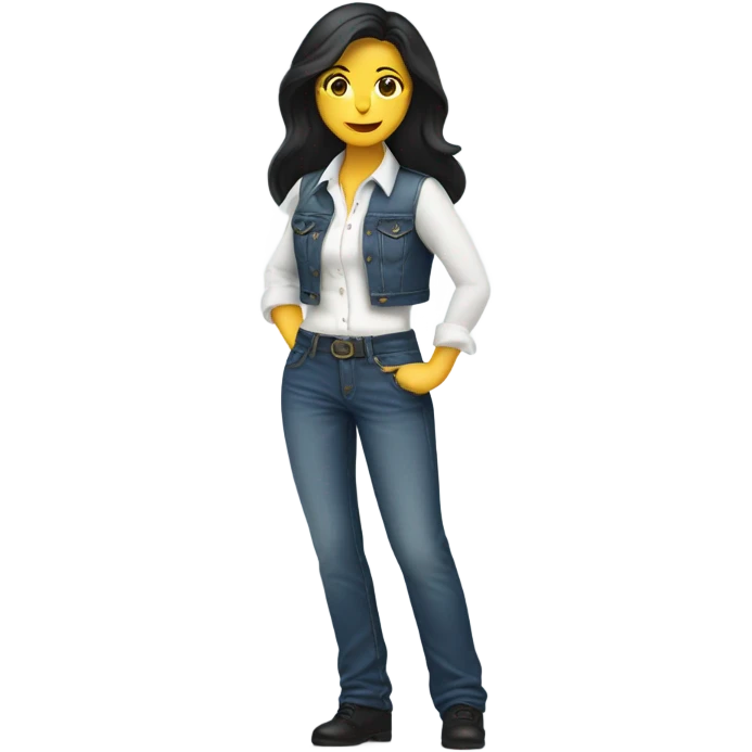 WOMAN DRESSED IN DENIM PANTS WITH WHITE BLOUSE, WITH YELLOW HELMET, LONG BLACK HAIR emoji