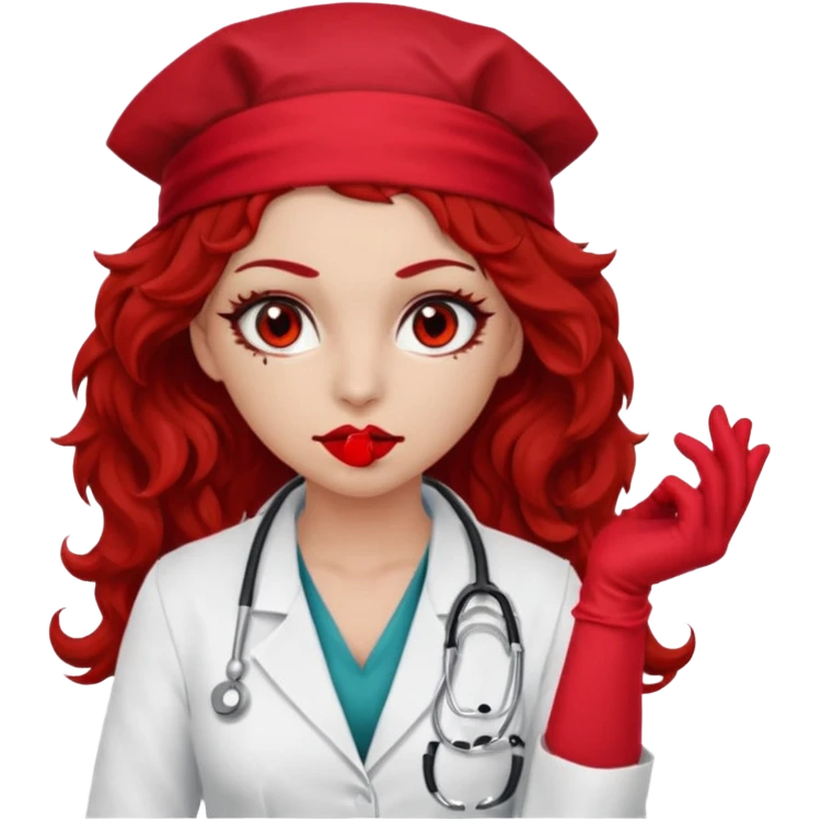 Lilith scalpel in hand, evil surgeon sexy surgeon clothes.  She has red eyes. She brown long curly hair. Wears sexy doctor outfit with red gloves. Hides mouth necknose with red bandana to hide her identity emoji