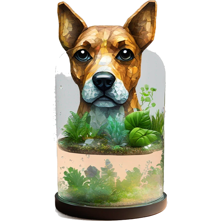 A dog made of glass mirror crystals prisms glass transparent filled with plants as a terrarium with graffiti doodles emoji