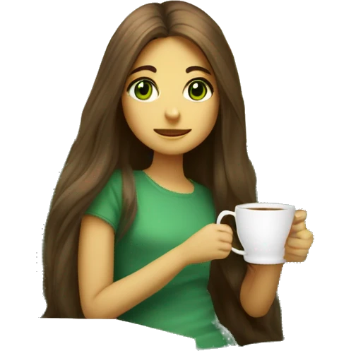 Girl with long brun hair green eyes drink tea and seat in sofa with pled  emoji