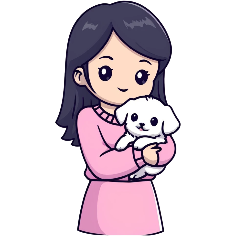 beautiful young woman with long straight black hair wearing pink clothes and holding a small white Maltese puppy emoji