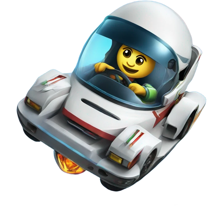 A race car in space racing an alien car emoji