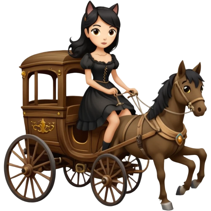  Rustic all black antique wood Gypsy 1854 pretty dark-haired Catgirl driving a huge horse-drawn fancy French stagecoach Caravan on a bumpy scary ghost trail in the woods  emoji