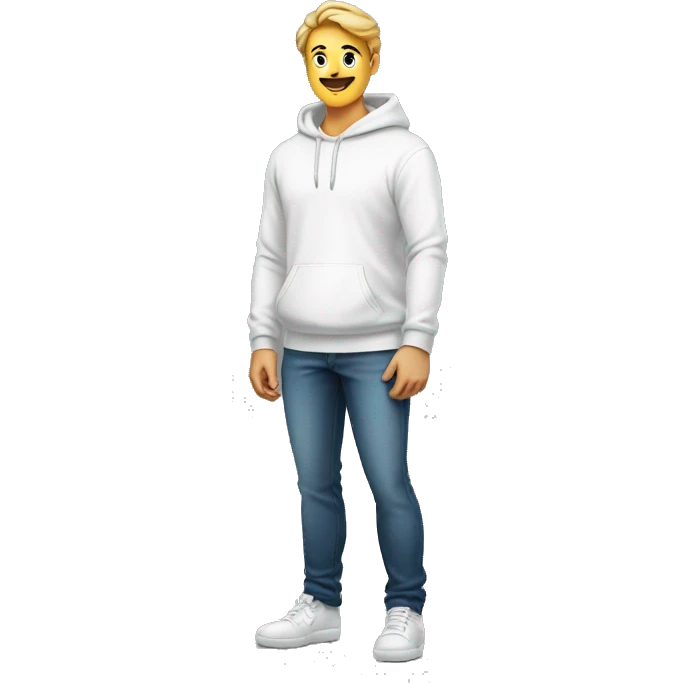 An emoji of a handsome man wearing a white hoodie, standing confidently with a friendly and relaxed expression emoji