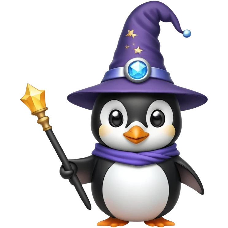 penguin wearing a wizard hat and holding a magic wand emoji