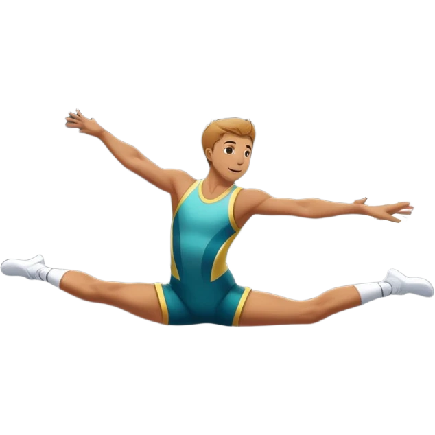 An athletic person soaring high above a trampoline, executing an acrobatic flip with perfect form. The scene captures motion and energy, with a dynamic pose, stretched limbs, and a focused expression. The background suggests a professional trampoline arena with safety padding. emoji