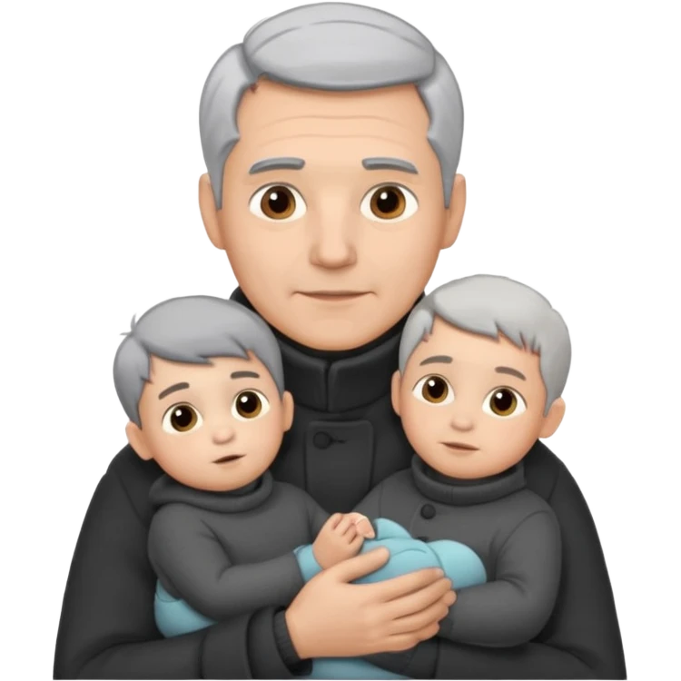A father with silver-grey hair styled neatly and a clean-shaven face, wearing a dark turtleneck and wool coat, holding his baby emoji