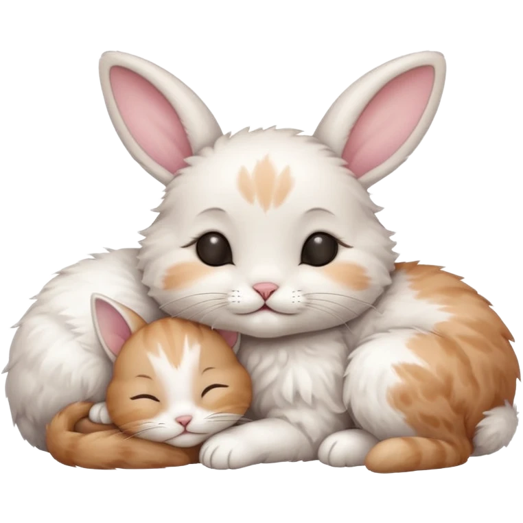 A little kitten sleeping next to a sweet rabbit  emoji