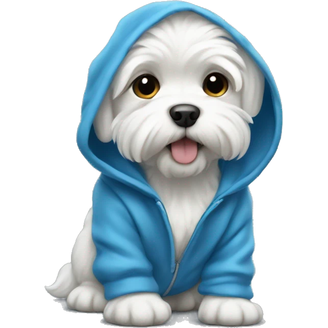 White maltese puppy using a blue hoodie emoji