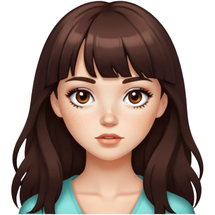 pretty freckled, bangs , long dark brown hair baddie with makeup emoji