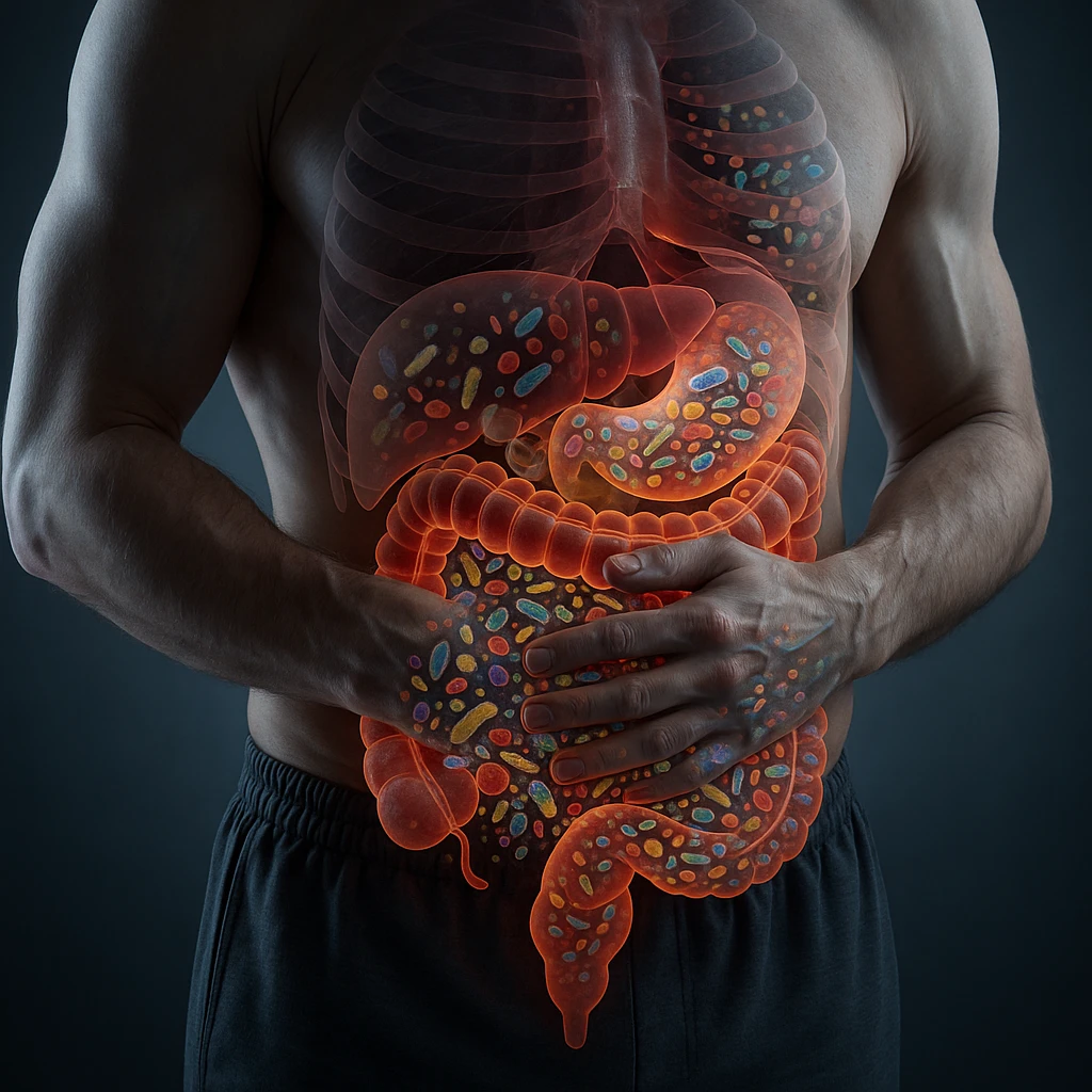 Hyperrealistic 4K anatomical section of a human body in a similar position to the reference image, with the intestine highlighted and glowing. No parasites present, but showing dysbiosis with diverse bacteria and microorganisms inside the intestine. Clinical atmosphere, highly detailed and realistic. emoji