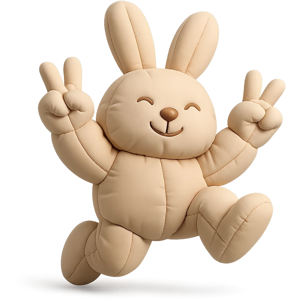 beige bunny jumping and making peace signs, cushion style, soft and plush appearance emoji