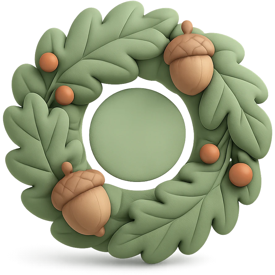 wreath of forest leaves, acorns, and berries, soft green circle sticker, cushion style, transparent background emoji