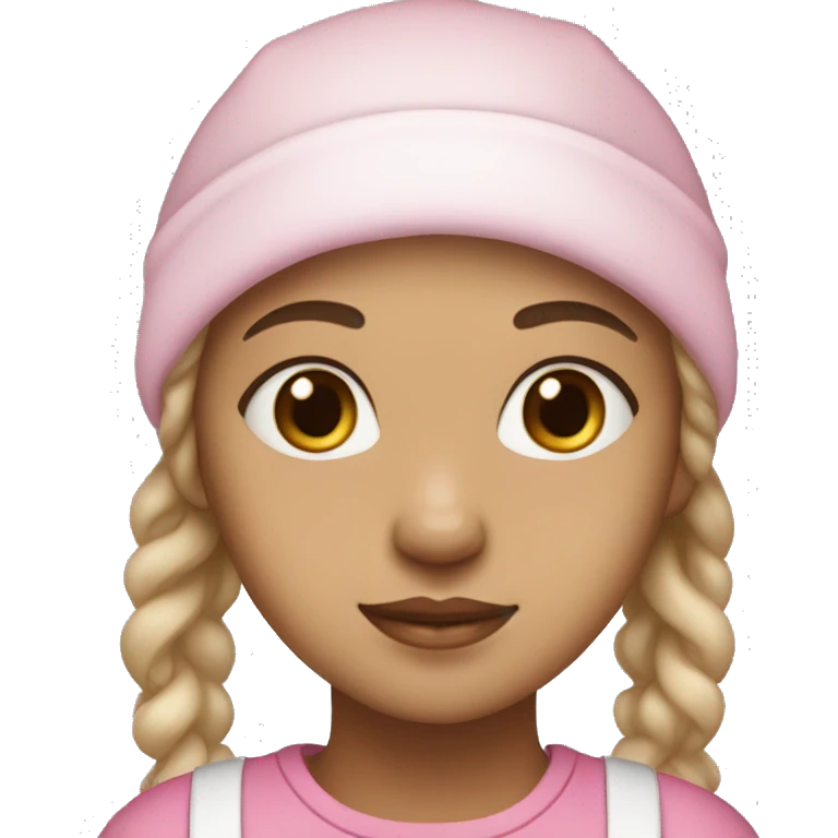 A light skin girl that has light brown eyes and a white dog and she has a pink bonnet on emoji