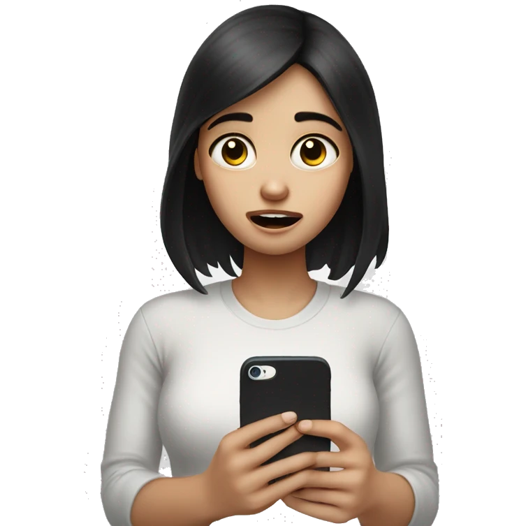 A girl with white skin and dark hair is crying, holding her phone in her hand and pressing her finger on it and looking into it   emoji