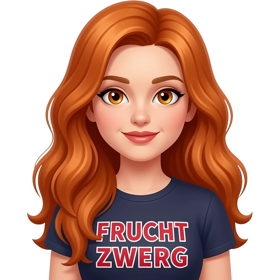 sexy girl with long ginger hair and ginger eyes a top with FRUCHT ZWERG written on it emoji