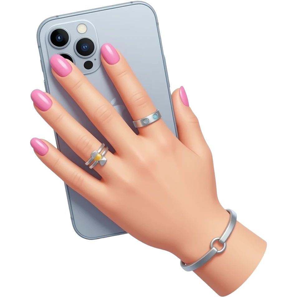 cute thin girl hand with pastel and pink modern y2k nails, rings, and accessories. holding iphone with screen upwards emoji