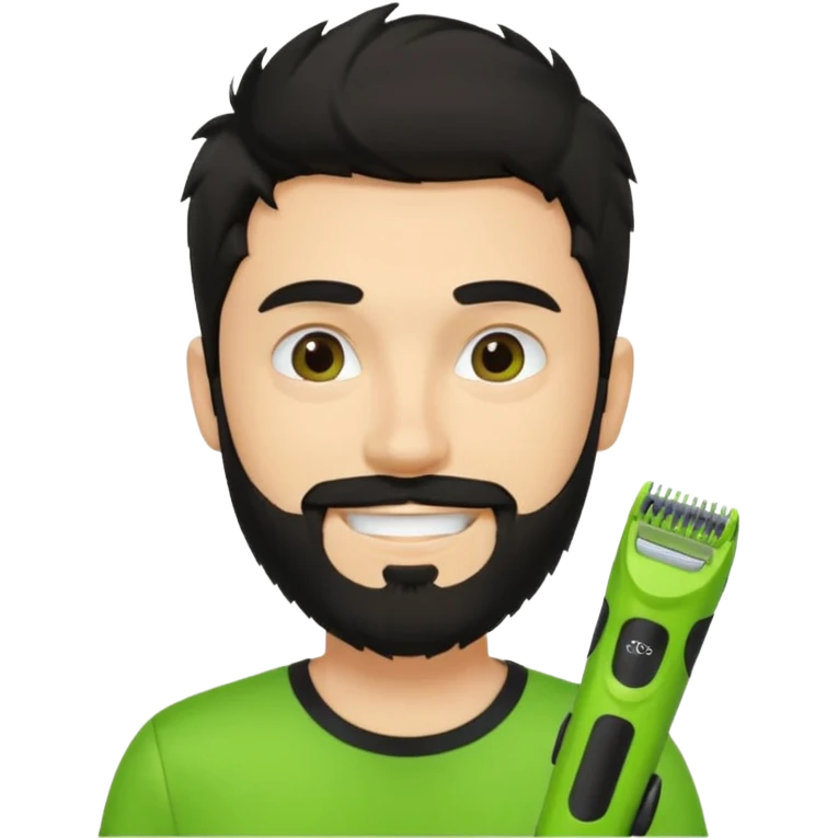 young fair-skinned man with messy black hair and beard, smiling, black t-shirt, holding one small true-to-size bright lime green face beard trimmer, iOS emoji style emoji
