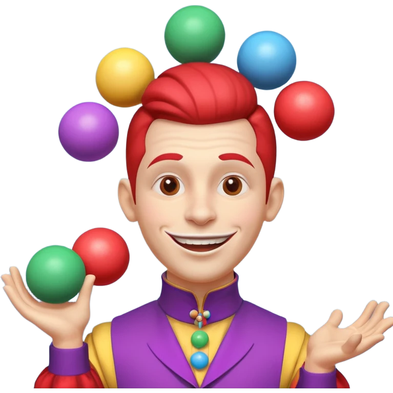 circus juggler portrait, head and shoulders only, colorful outfit collar, playful grin, juggling balls visible near shoulders, 3D cartoon, mobile game icon style, clean background, no text, no watermark
 emoji