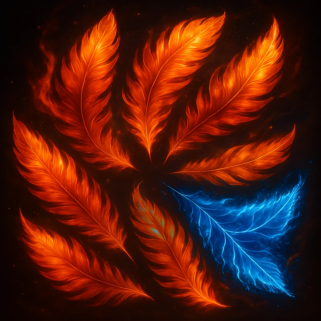Rearrange the six fiery phoenix feathers in a circular pattern with the tips pointing outward. Make the feathers vibrant and magical. Keep the backgrounds harmonious and consistent with the original images. emoji