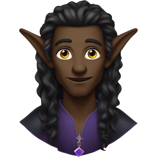 A black male high elf that is a witch fortune teller that has large, pointed ears with long black curly hair past his back emoji