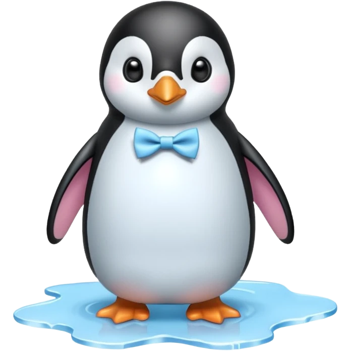 penguin, pink bow tie, standing on small ice melting emoji