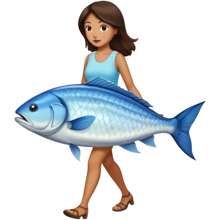 Brunette Woman walking with huge fish emoji