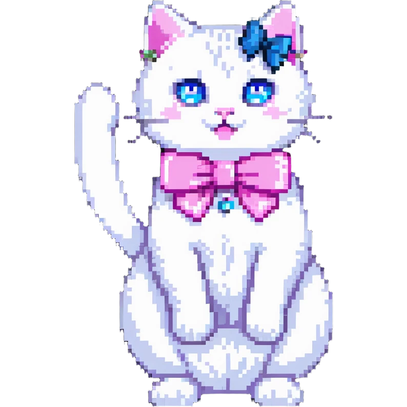 white cat with blue eyes very cute with a pink bow on his neck waving hello emoji