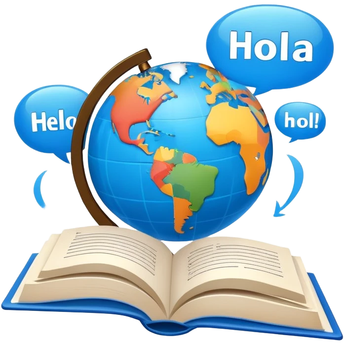 An icon showing a globe surrounded by speech bubbles with greetings in different languages, like 'Hello,' 'Hola,' and 'Bonjour.' The design includes an open book and a quill, symbolizing learning and communication. Transparent background emphasizes global connection through language. emoji