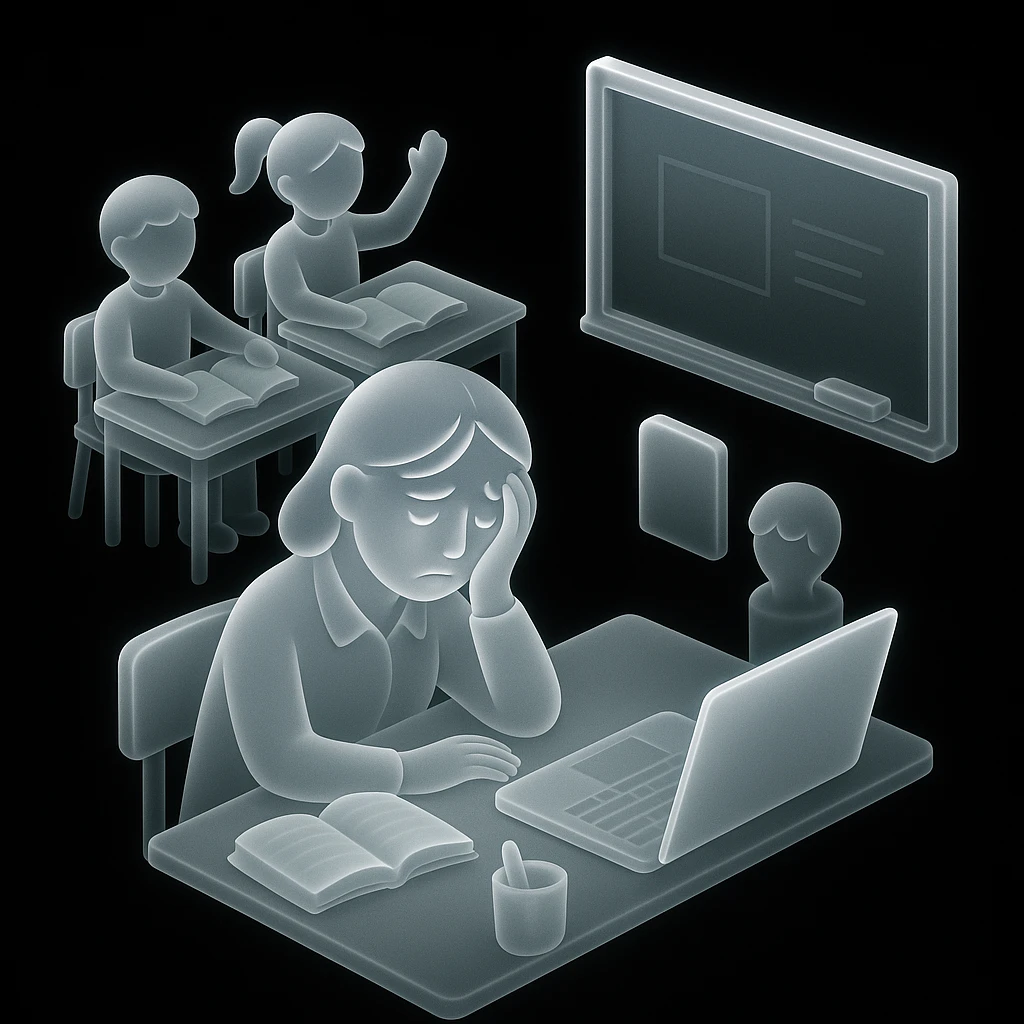 exhausted teacher in a bustling classroom emoji