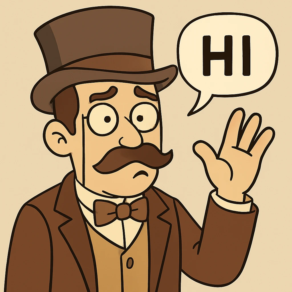Make the character wave, add a speech bubble saying 'HI', and adjust his expression and body language to look like he is questioning something with a raised eyebrow, tilted head, and open hand. Keep the original style and background as in the reference image. emoji