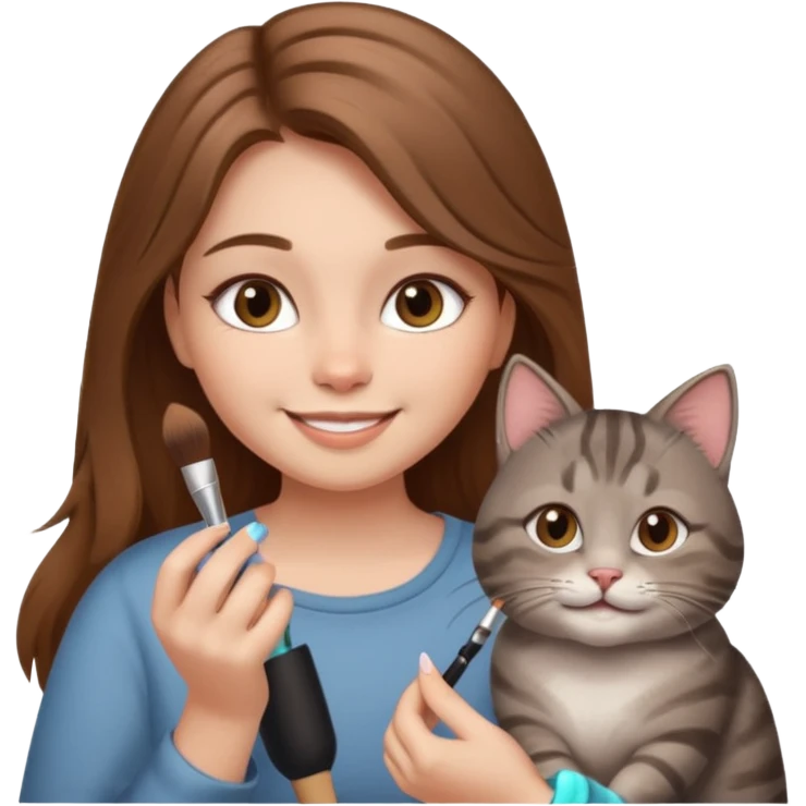 A image of a girl with light long brown hair doing her makeup with her chubby grey tabby cat. She is smiling emoji