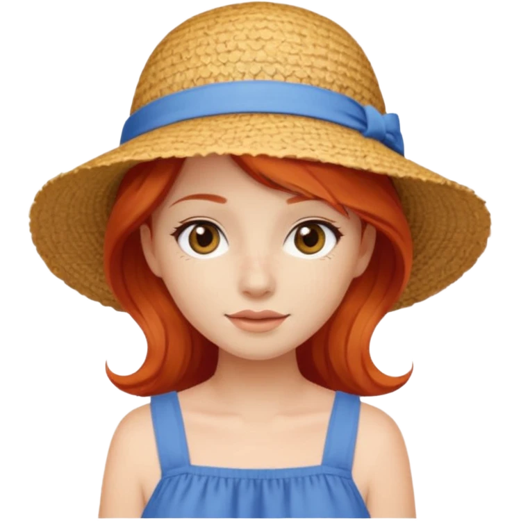 girl_wearing_summer_hat_red_hair, blue dress emoji