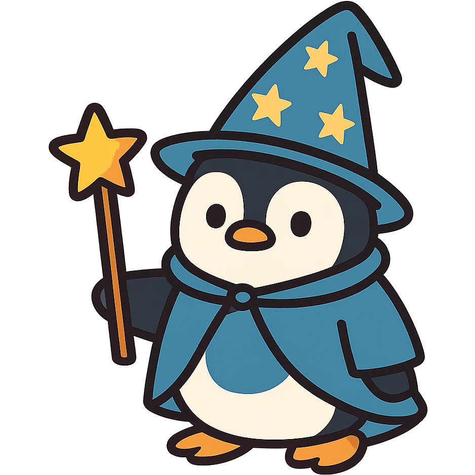 flat toon style penguin wizard with starry hat emoji