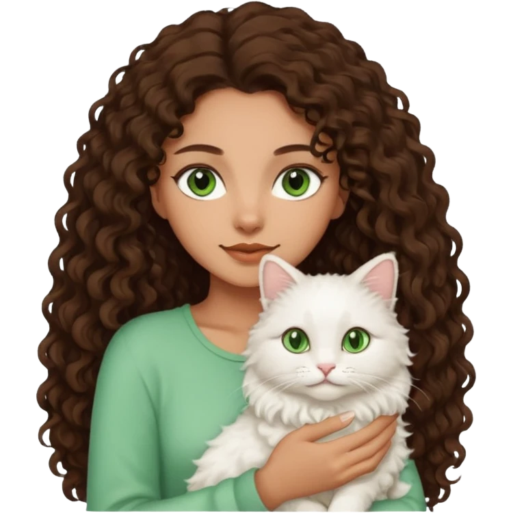 Woman light brown skin long dark curly hair, green eyes, with a cat emoji