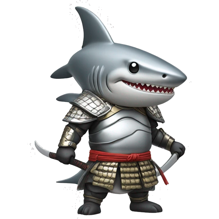 A fully silver chrome figurine of a shark in a samurai outfit. emoji
