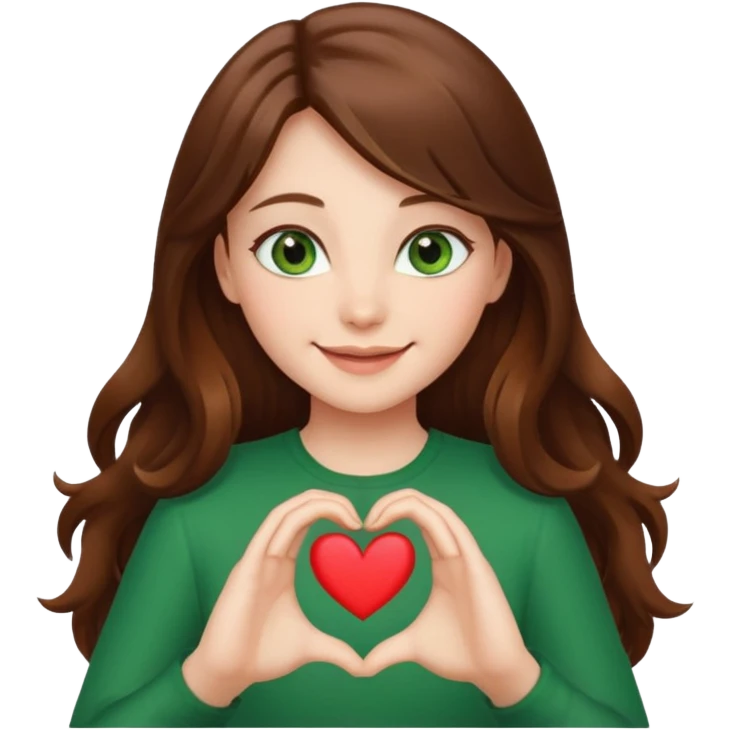 Girl green eyes brown long hair doing hands heart emoji