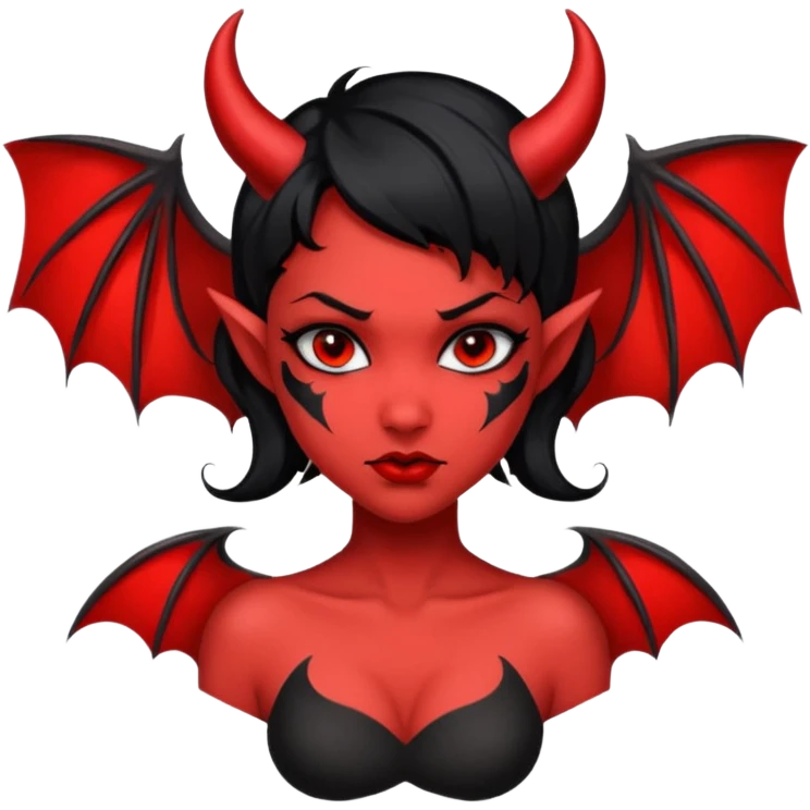 Demon girl: red skin, black hair, small horns, bat wing; tattoo-flash comic style; red/black palette; bold outlines; dark background; no text. emoji