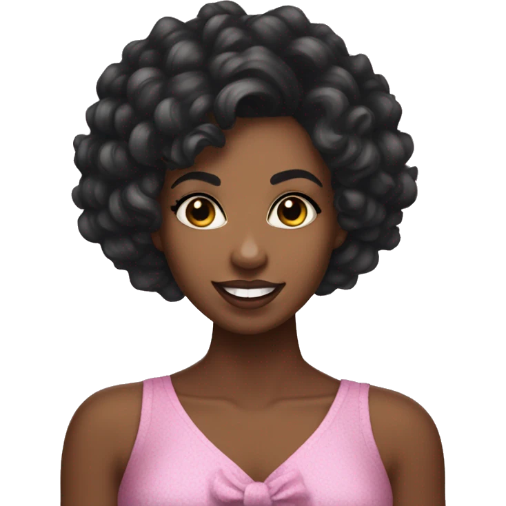 Black woman with short curly hair, long lashes, dimples, coquette hair Bow, wearing a criss cross top  emoji
